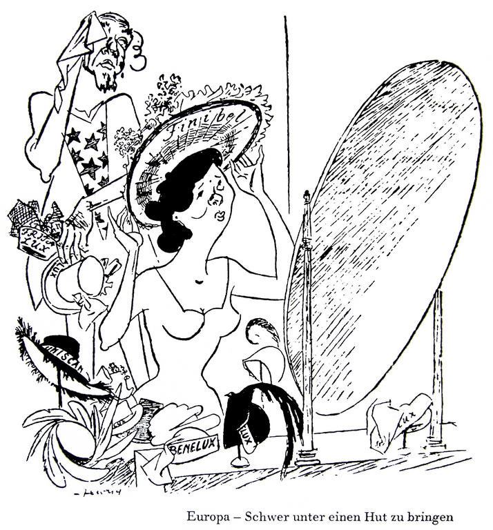 Cartoon by Szewczuk on the difficulties surrounding the economic integration of Western Europe (28 December 1949)