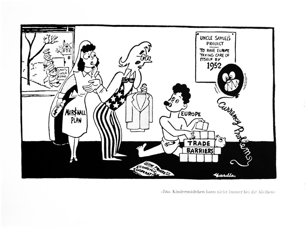 Karikatur von Yardley zu den Vereinigten Staaten angesichts des schleppenden europäischen Einigungsprozesses (5. Februar 1950)