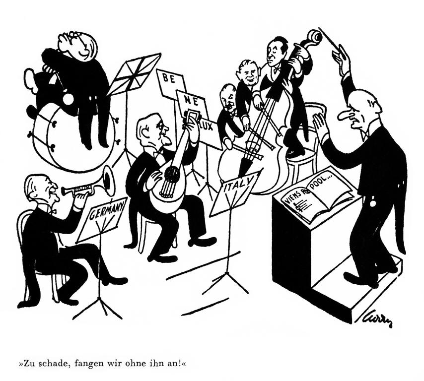 Cartoon by Curry on the United Kingdom's refusal to take part in the negotiations on the Schuman Plan (5 June 1950)