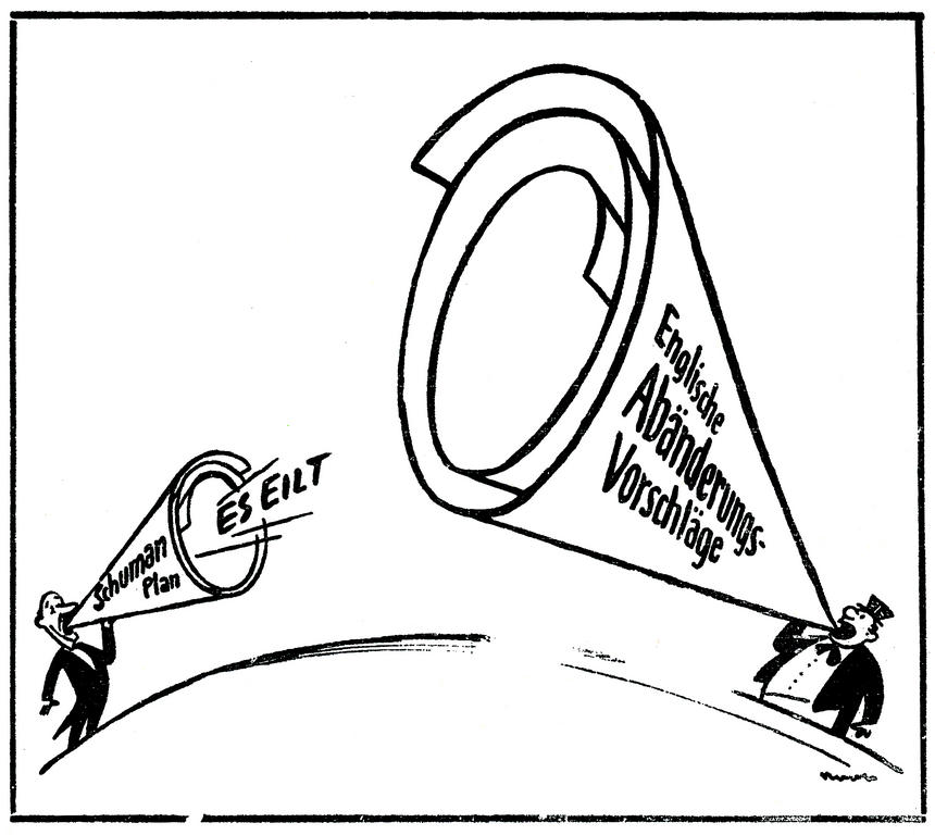 Caricature sur les réticences du Royaume-Uni concernant le plan Schuman (6 juin 1950)