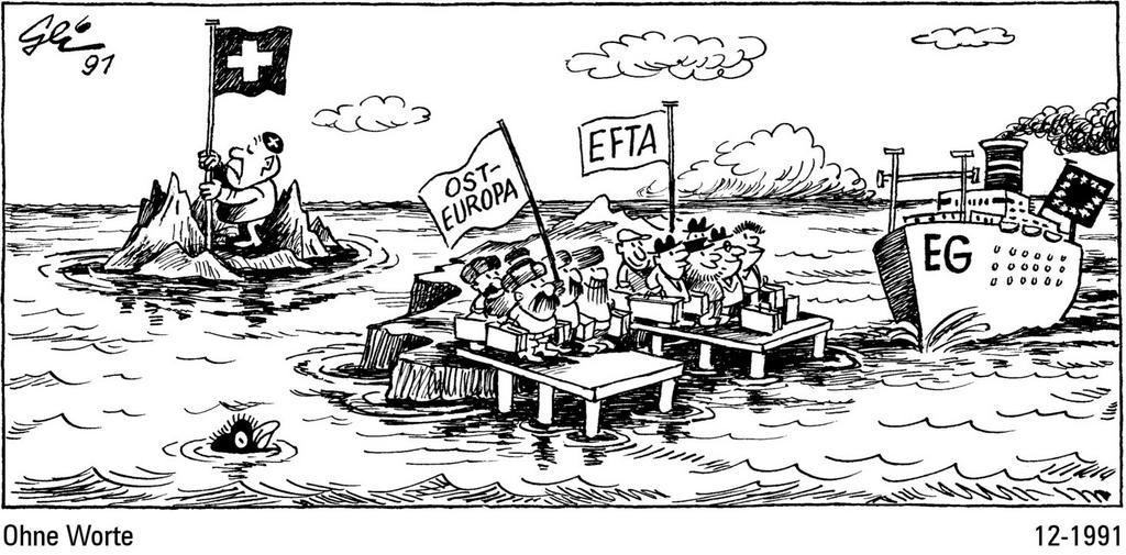 Caricature de Geisen sur la position de la Suisse face au processus d'intégration européenne (Décembre 1991)