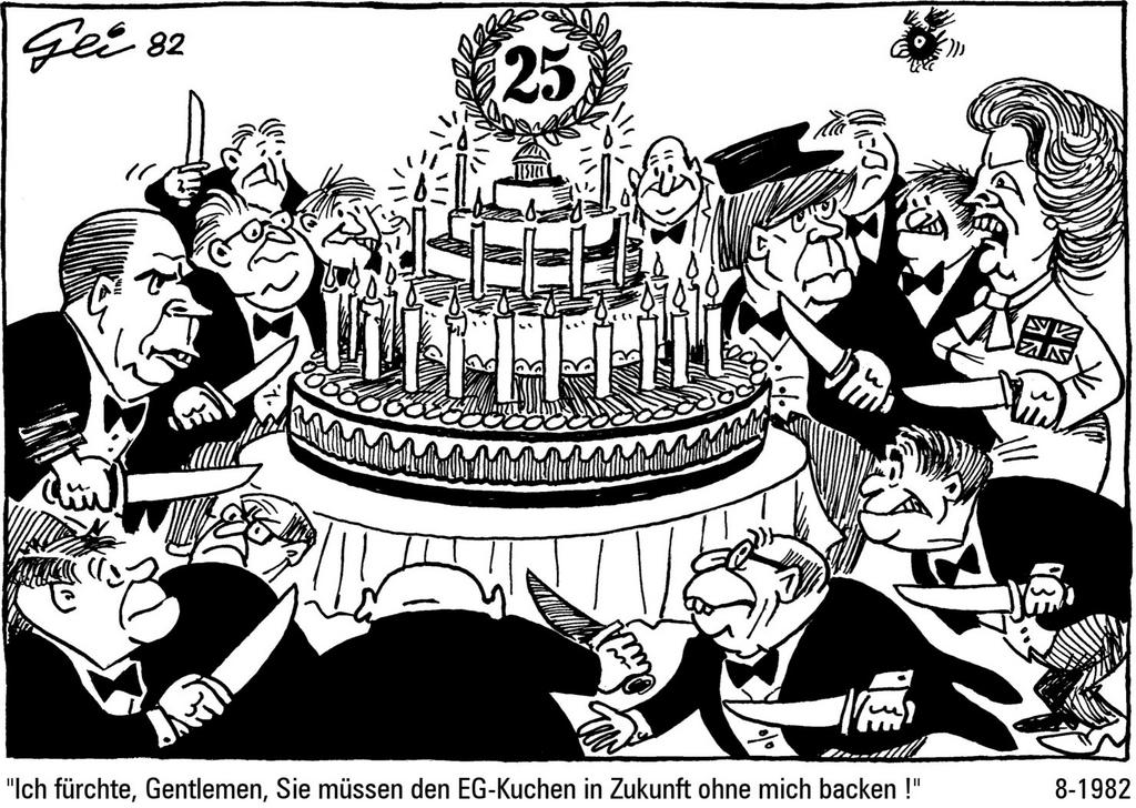 Caricature de Geisen sur la contribution britannique au budget communautaire européenne (Août 1982)