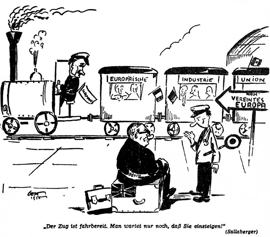 Karikatur über die Vorbehalte der Briten bezüglich der Teilnahme am Schumanplan (6. Juni 1950)