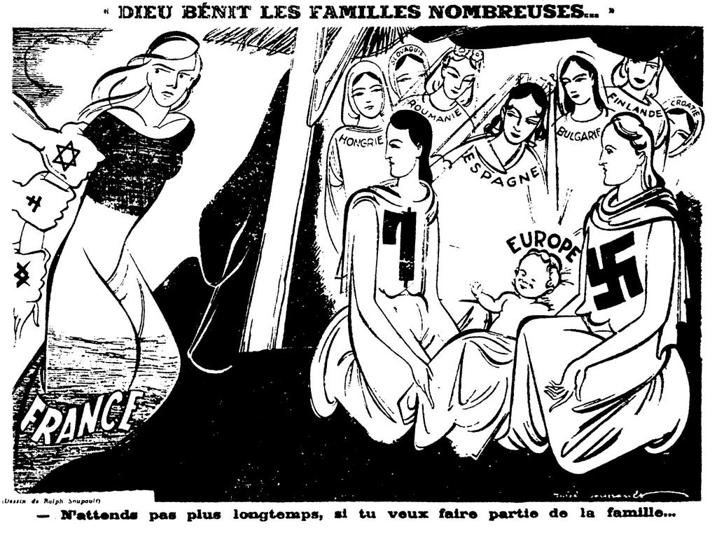 Dessin de propagande paru dans la revue collaborationniste <i>Je suis partout</i> sur la vision fasciste de l'Europe unie (20 décembre 1941)