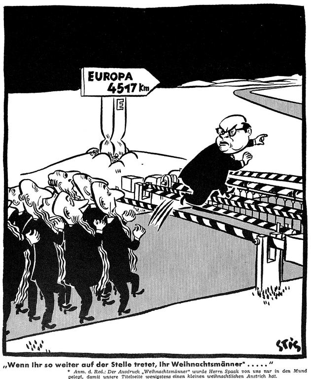 Caricature de Stig sur la démission de Paul-Henri Spaak de la présidence de l’Assemblée consultative du Conseil de l’Europe (Décembre 1951)