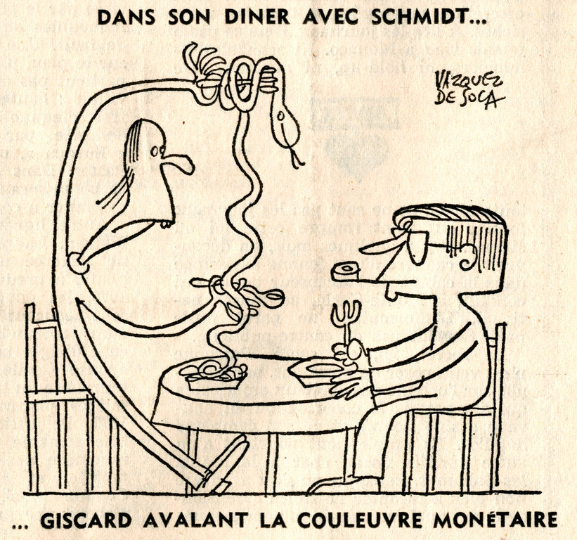 Karikatur von Vazquez de Sola zu der von Valéry Giscard d'Estaing und Helmut Schmidt geplanten Einführung eines neuen europäischen Währungssystems (28. Juni 1978)