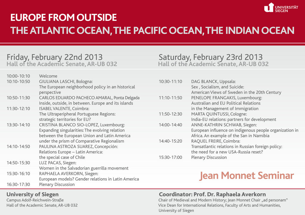 Programme du séminaire «Europe from outside - The Atlantic Ocean, the Pacific Ocean, the Indian Ocean»