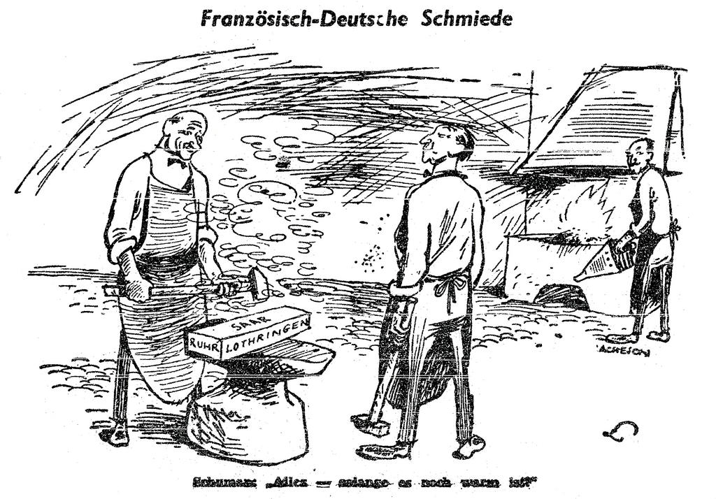 Caricature de Lang sur le plan Schuman et les relations franco-allemandes (13 mai 1950)
