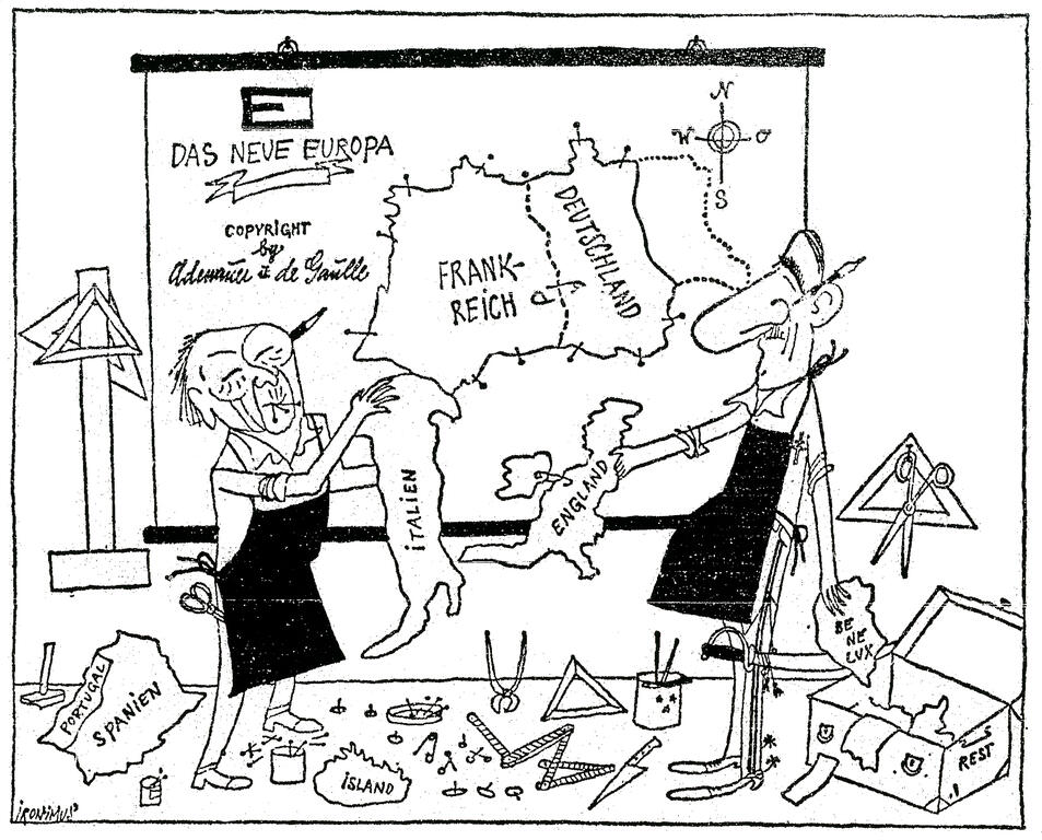 Karikatur von Ironimus über das Europa nach den Vorstellungen von Adenauer und de Gaulle (6. Juli 1962)