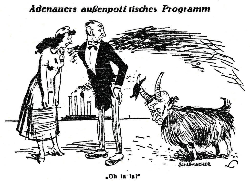Karikatur von Lang zu den deutsch-französischen Beziehungen und der Frage der Demontagen (18. November 1949)