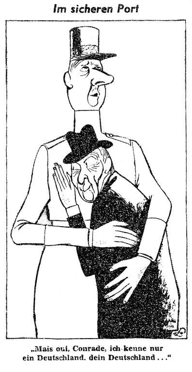 Caricature de Lang sur le rapprochement franco-allemand: la rencontre de Gaulle-Adenauer au château de Marly (4 mars 1959)