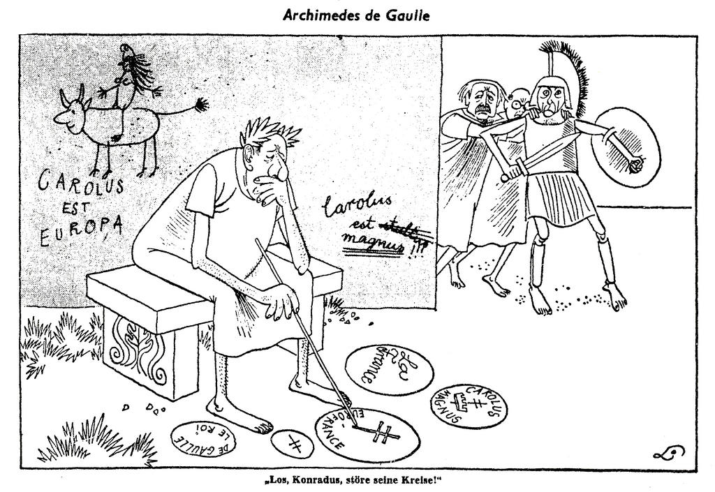 Caricature de Lang sur le couple franco-allemand face à la question de l'adhésion britannique au Marché commun (19 janvier 1963)