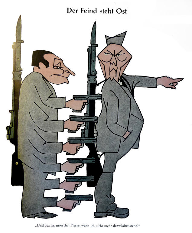 Karikatur von Brockmann zum Misstrauen Frankreichs gegenüber der deutschen Wiederbewaffnung (22. Januar 1955)