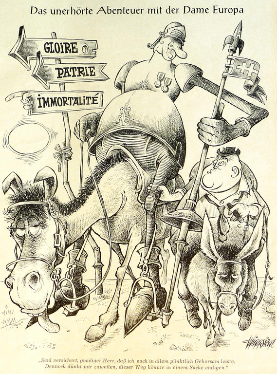 Karikatur von Siegl zu den Meinungsverschiedenheiten zwischen Frankreich und Deutschland in Bezug auf die Außenpolitik (13. Februar 1965)