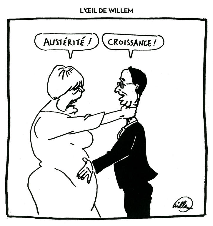 Cartoon by Willem on differences of opinion between France and Germany on how to resolve the economic crisis in Europe (15 May 2012)