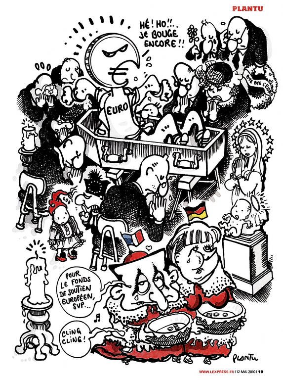 Karikatur von Plantu zum deutsch-französischen Duo im Zusammenhang mit der Zukunft des Euro (12. Mai 2010)