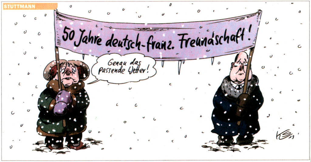 Cartoon by Stuttmann on the 50th anniversary of the signing of the Élysée Treaty (22 January 2013)