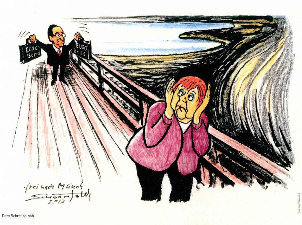 Karikatur von Schoenfeld zu den Meinungsverschiedenheiten zwischen Frankreich und Deutschland in der Frage der Eurokrise (25. Mai 2012)