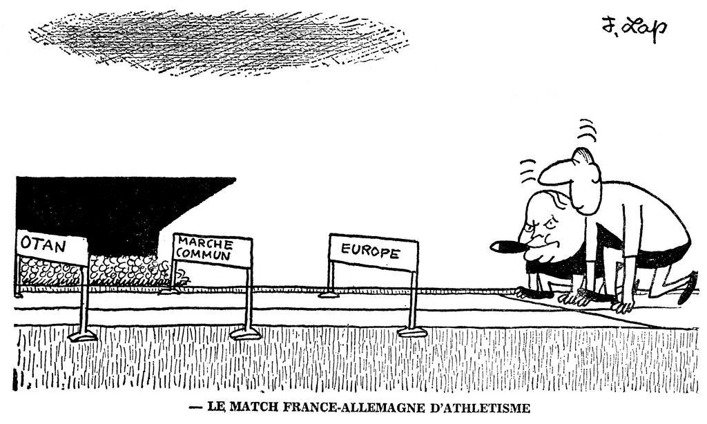 Cartoon by Lap on the issues surrounding the Franco-German summit (15 February 1964)