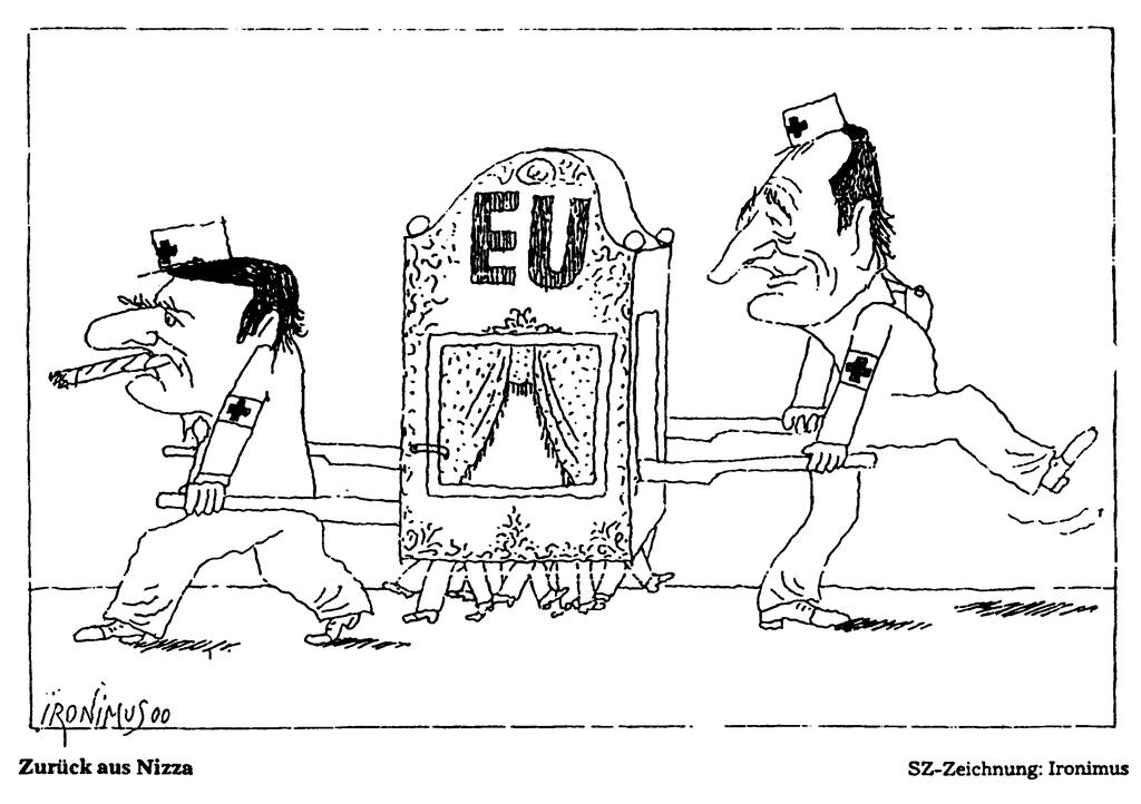 Caricature d’Ironimus sur les résultats du Conseil européen de Nice (11 décembre 2000)
