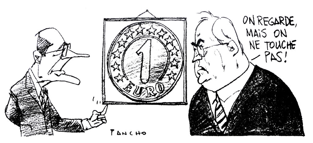 Cartoon by Pancho on the Franco-German duo and the euro (18 January 1997)