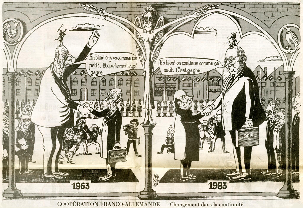 Cartoon by Moisan on the 20th anniversary of the Élysée Treaty (26 January 1983)