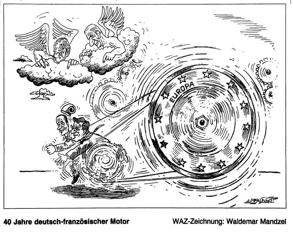 Karikatur von Mandzel zum 40. Jahrestag der Unterzeichnung des Élysée-Vertrags (22. Januar 2003)