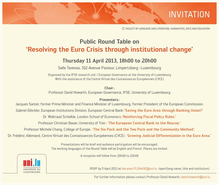Invitation à la table ronde "Resolving the Euro Crisis through institutional change"