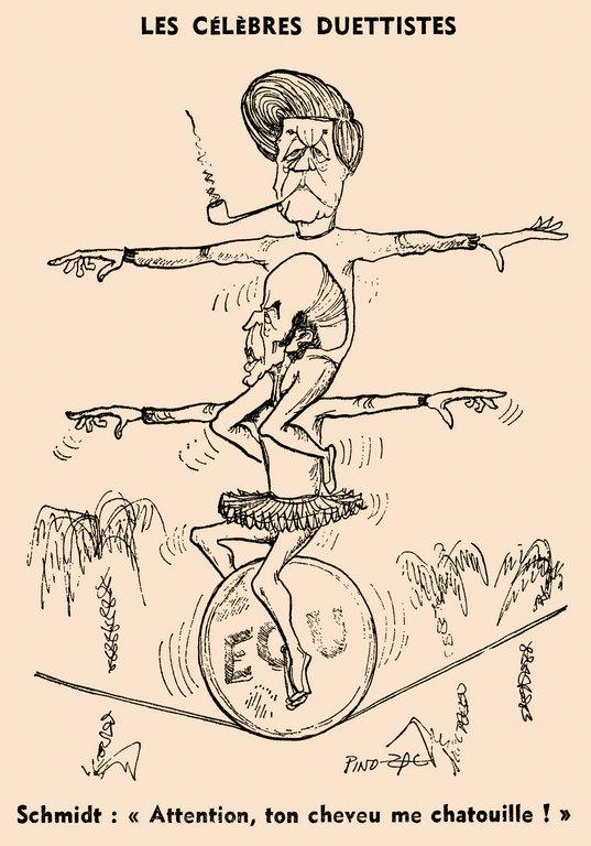 Karikatur von Pino zum deutsch-französischen Zweiergespann Giscard-Schmidt (10. Januar 1979)