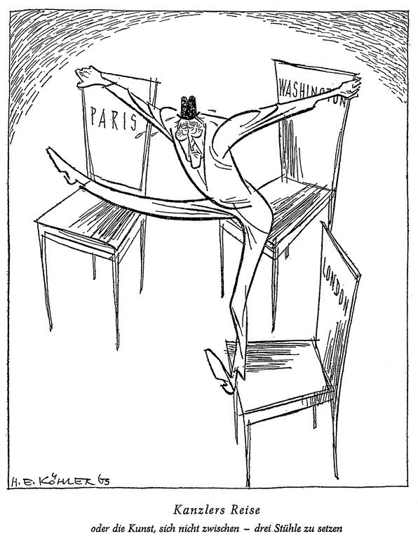 Cartoon by Köhler on the complexity of Chancellor Adenauer’s foreign policy (23 January 1963)