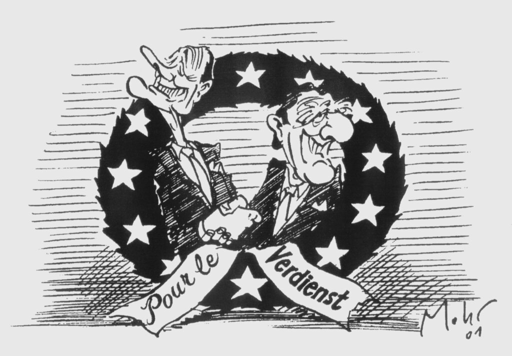 Karikatur von Mohr zur europapolitischen Strategie des deutsch-französischen Zweiergespanns (2. Februar 2001)