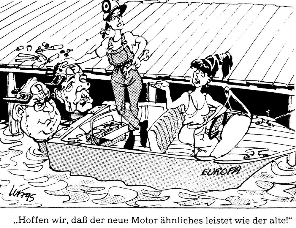 Cartoon by Luff on the new Franco-German duo of Jacques Chirac and Helmut Kohl (19 May 1995)