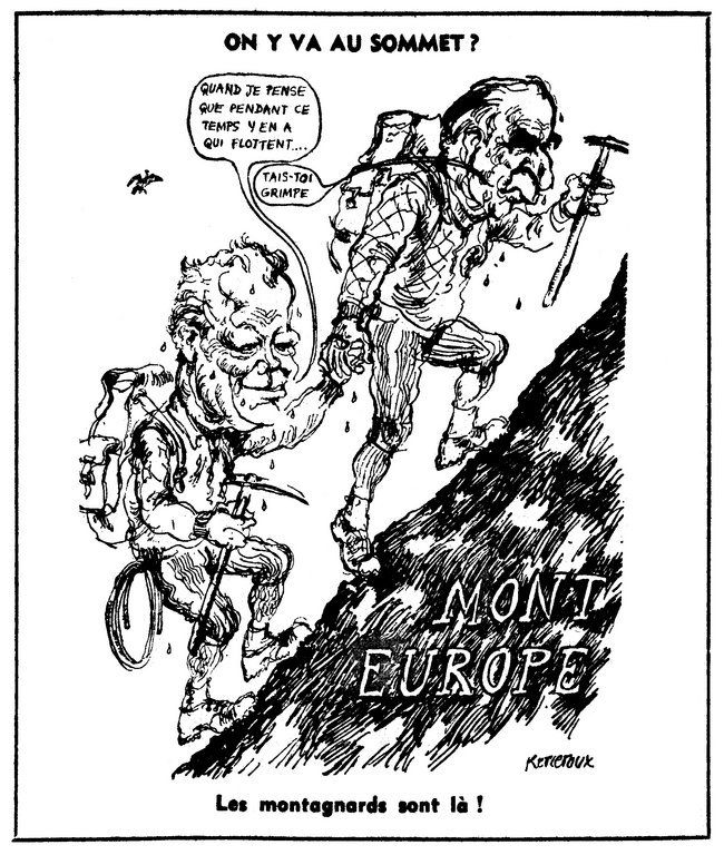 Karikatur von Kerleroux zu den deutsch-französischen Bemühungen um die europäische Zusammenarbeit (5. Juli 1972)