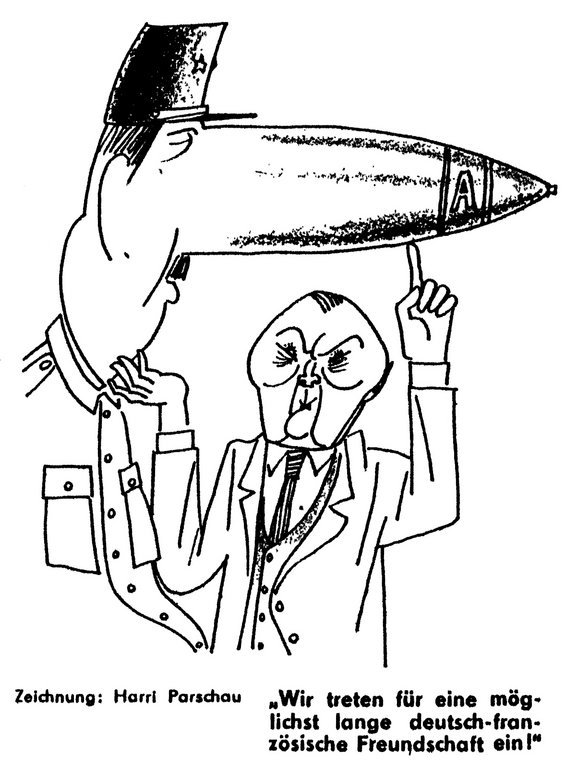 Caricature de Parschau sur les enjeux du rapprochement franco-allemand (1958)