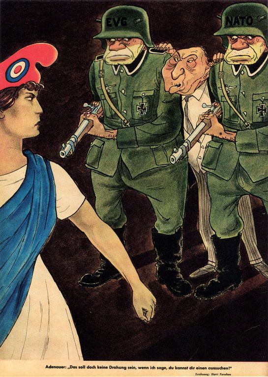 Karikatur von Parschau zu den Gefahren durch die Wiederbewaffnung Deutschlands (1954)
