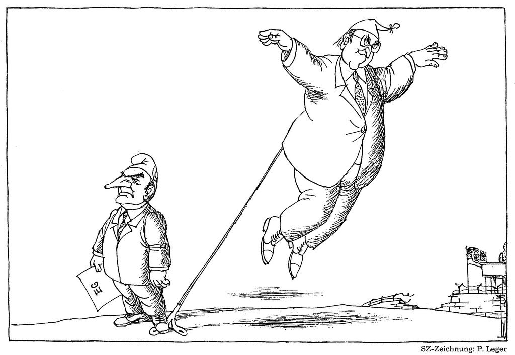 Caricature de Leger sur le couple franco-allemand face aux conséquences de la chute du mur de Berlin (17 novembre 1989)