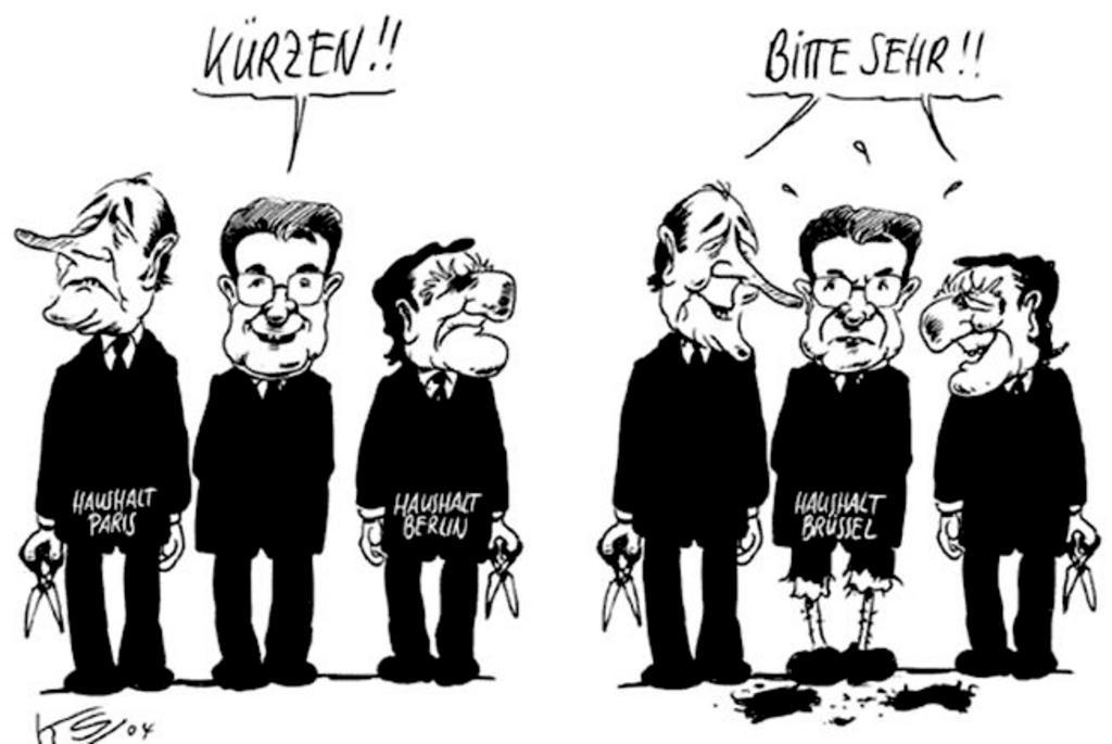 Karikatur von Stuttmann zum deutsch-französischen Tandem und zum europäischen Haushalt (11. Februar 2004)