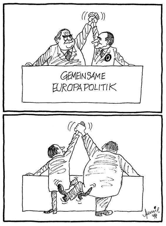 Cartoon by Mussil on the European policy pursued by the Franco-German duo (8 May 1998)