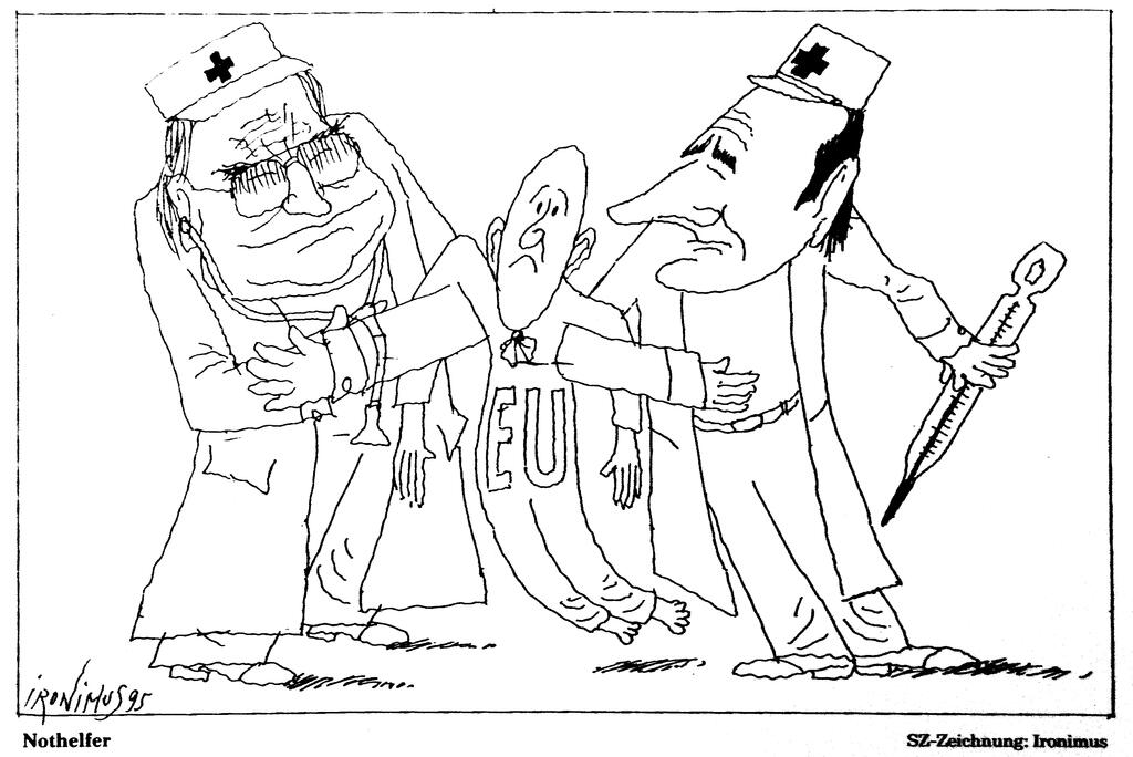 Caricature d'Ironimus sur le soutien franco-allemand au processus d'unification européenne (11 décembre 1995)