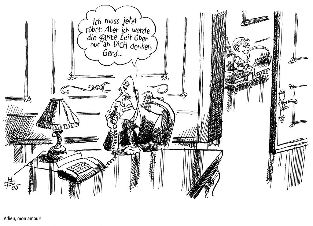 Cartoon by Sakurai on the first meeting between Chirac and Merkel (24 November 2005)