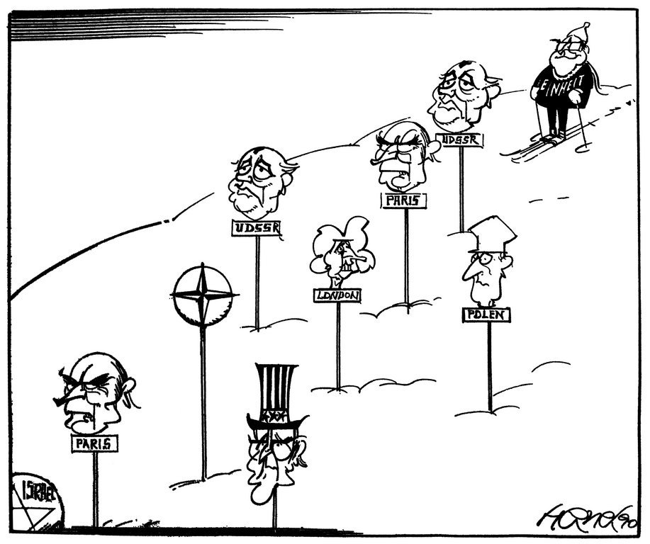 Karikatur von Hanel zu den Etappen der Wiedervereinigung Deutschlands (15. Februar 1990)