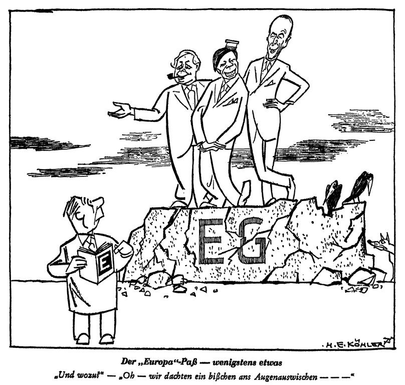 Cartoon by Köhler on the European passport plan (8 January 1976)