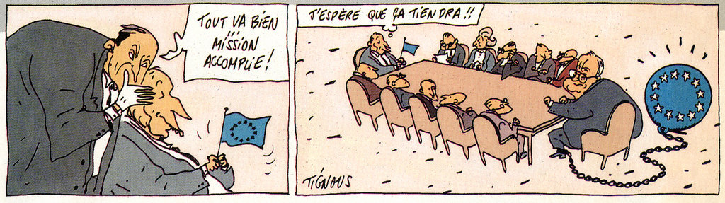 Karikatur von Tignous zum französischen Standpunkt zur Wiedervereinigung Deutschlands (14. Dezember 1989)