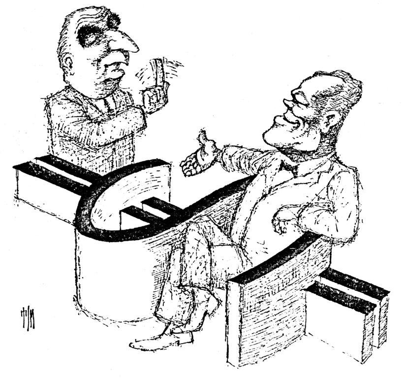 Karikatur von Tim zur Haltung Frankreichs und der Bundesrepublik Deutschland angesichts der weltweiten Währungskrise (12.-18. Juli 1971)