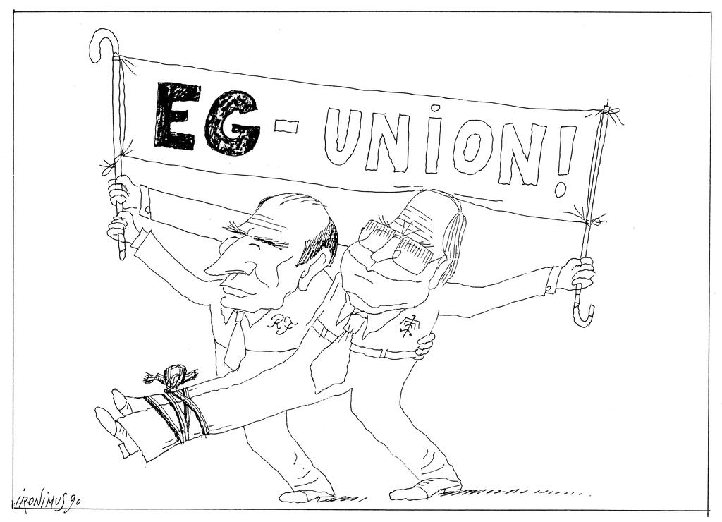 Caricature d’Ironimus sur le duo franco-allemand face aux défis de la construction européenne (30 avril 1990)