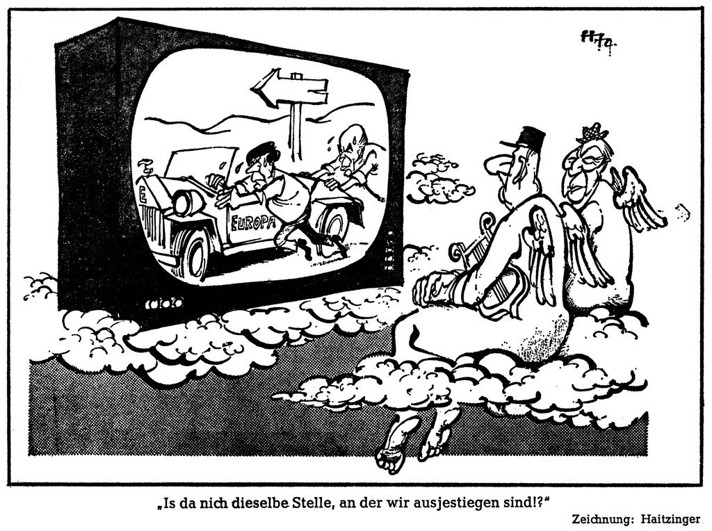 Karikatur von Haitzinger zum Versuch des Zweiergespanns Schmidt-Giscard, dem europäischen Aufbauwerk neuen Schwung zu geben (4. September 1974)