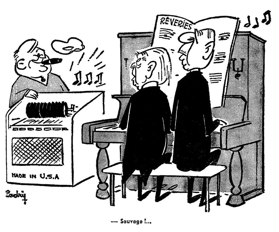 Karikatur von Padry zum schwierigen Verhältnis zwischen Charles de Gaulle und Ludwig Erhard (13. November 1964)