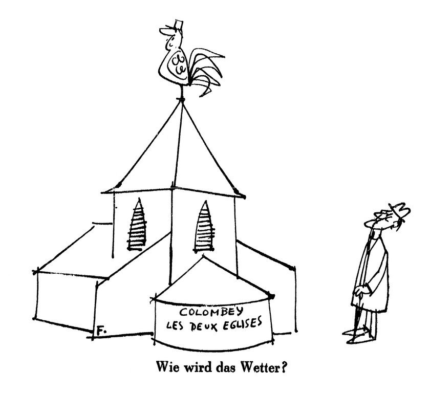 Karikatur von Flora zum Treffen zwischen General de Gaulle und Konrad Adenauer in Colombey-les-deux-Églises (19. September 1958)