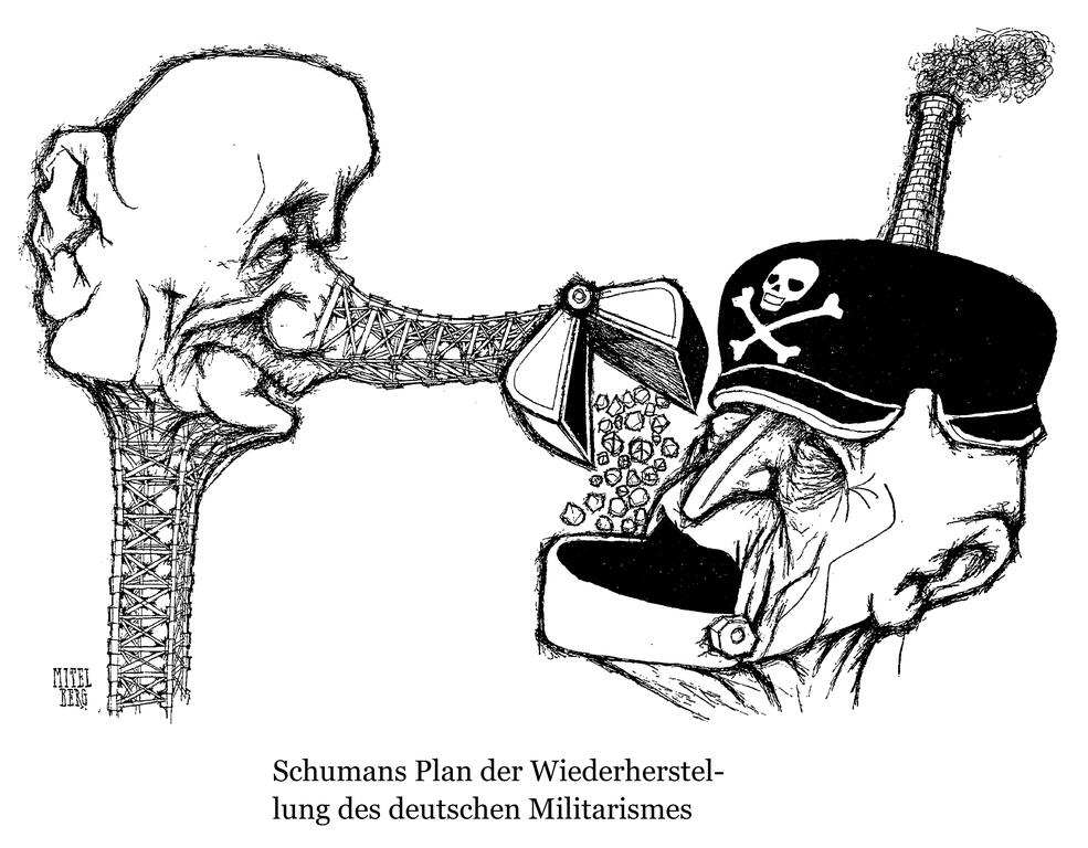 Karikatur von Mitelberg zu den Gefahren des Schuman-Plans (1953)