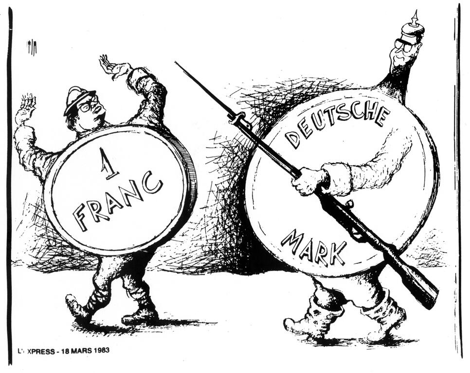 Caricature de Tim sur la question de la parité «franc français-mark allemand» au sein du Système monétaire européen (11 mars 1983)